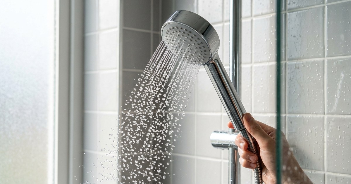 Verchromte Handbrause in einer gefliesten Dusche mit feinem gleichmaessigem Wasserstrahl