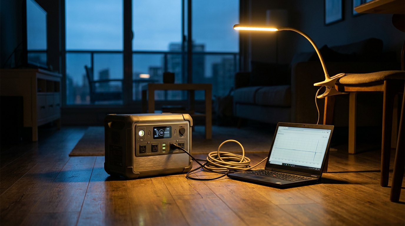 Tragbare LiFePO4-Powerstation auf Holzboden, daran angeschlossen eine LED-Lampe und ein Laptop, abends bei Stromausfall