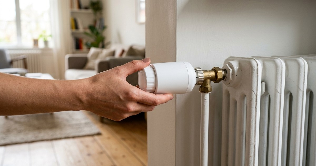 Hand setzt ein weisses smartes Heizkoerperthermostat auf das Ventil eines Heizkoerpers