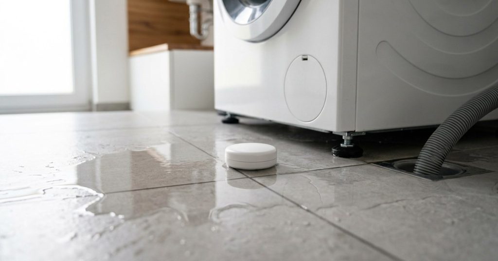 Smarte Wassermelder kaufen: nie wieder ein Wasserschaden-Problem 21 Kleiner weisser Wassermelder auf gefliestem Boden neben einer Waschmaschine, Wasser breitet sich aus