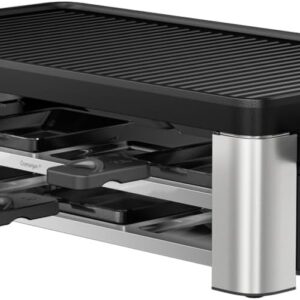 WMF Lono Selection Raclette Grill 8 Personen – Hochwertiger Cromargan Edelstahl, 1500W Leistung, keramikbeschichtete Grillplatte, 8 Pfännchen und Spatel, Temperaturregelung und Ablage