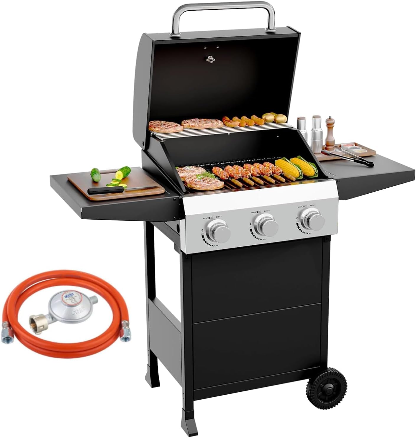 LEADZM Gasgrill 3 Brenner 10,5 kW - 50-Mbar-Druckminderungsventilgas grill mit Deckel, Vollständig ausgestattet, Gasbetriebener Grillwagen, geeignet für Camping, Gärten und Strände 1 LEADZM Gasgrill 3 Brenner 10,5 kW - 50-Mbar-Druckminderungsventilgas grill mit Deckel, Vollständig ausgestattet, Gasbetriebener Grillwagen, geeignet für Camping, Gärten und Strände