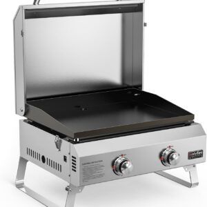 onlyfire Plancha Tischgasgrill 2-Brenner mit Deckel, Klappbaren Beinen, Keramische Lackbeschichtung Grillplatte, Grillfläche 45,8x36CM, Kompakt Tischgrill, Tragbarer Balkon-, Camping-Grill, 4,7 KW