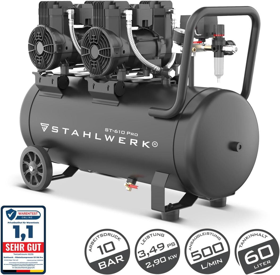 STAHLWERK Kompressor 60 L Tank, 10 bar, ölfrei & leise 70 dB (ST-610 Pro) 2 STAHLWERK Kompressor 60 L Tank, 10 bar, ölfrei & leise 70 dB (ST-610 Pro) – Bild 2
