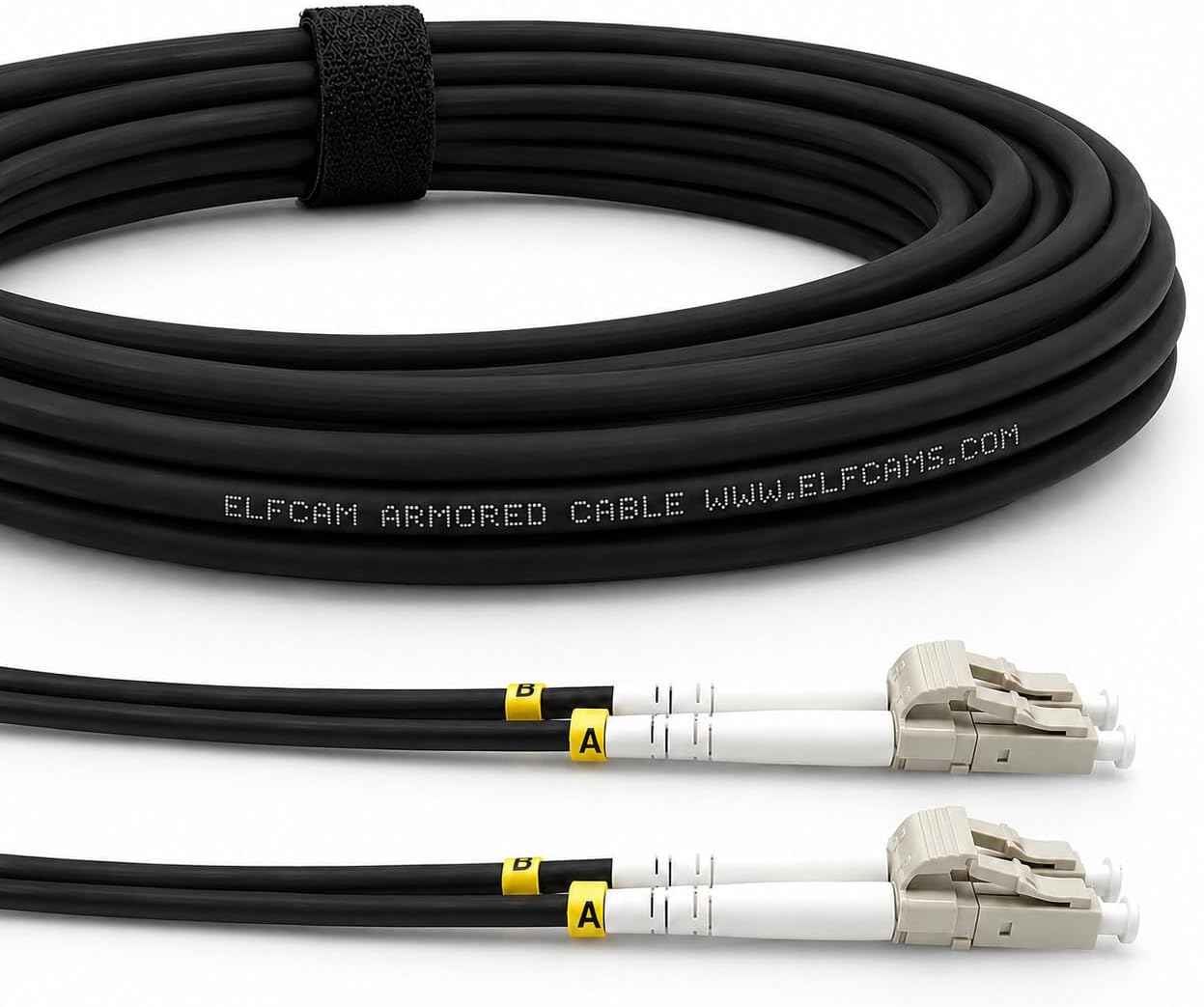 Elfcam® - 100m Gepanzerte Glasfaser-kabel LC/UPC auf LC/UPC OM3 Multimode Duplex 50/125um LSZH, LWL-Kabel LC für den Innen- und Außenbereich, Schwarz, 100M 1 Elfcam® - 100m Gepanzerte Glasfaser-kabel LC/UPC auf LC/UPC OM3 Multimode Duplex 50/125um LSZH, LWL-Kabel LC für den Innen- und Außenbereich, Schwarz, 100M