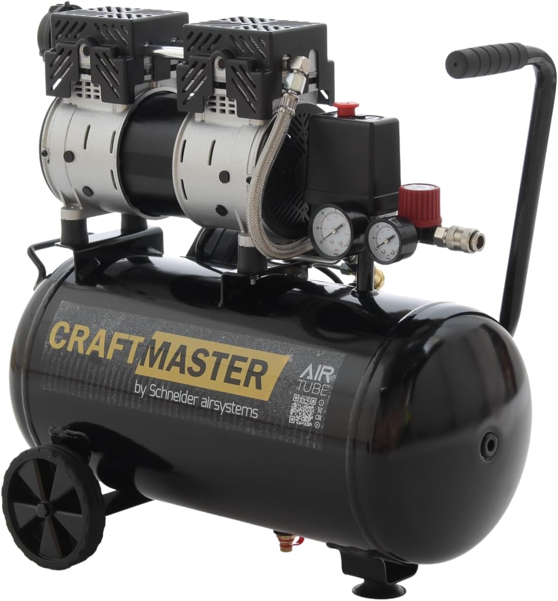 SCHNEIDER CRAFTMASTER Leiser mobiler ölfreier Kompressor 24-Liter-Tank Maximaler Druck 8 bar Leistung: 1 PS Geräuschpegel: 58 dB LpA 1 SCHNEIDER CRAFTMASTER Leiser mobiler ölfreier Kompressor 24-Liter-Tank Maximaler Druck 8 bar Leistung: 1 PS Geräuschpegel: 58 dB LpA