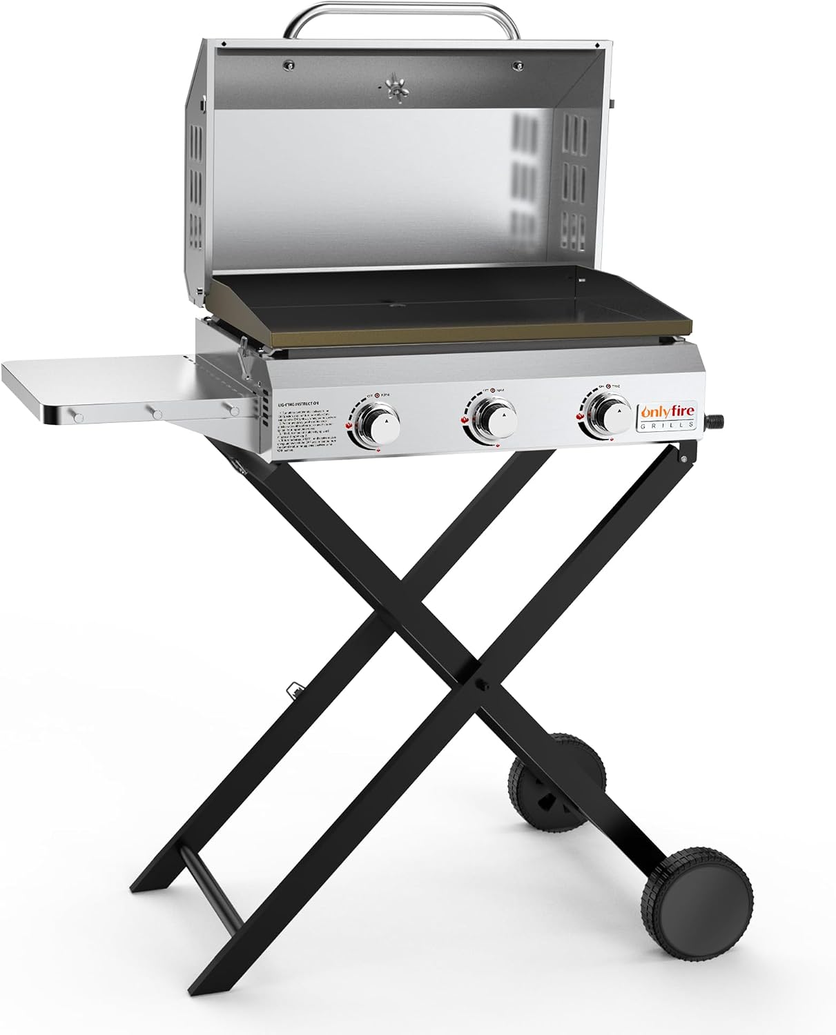 Onlyfire BBQ Gasgrill Grillwagen | Plancha Gasgrill 3 Brenner | mit Faltbarem Rollwagen, Keramische Lackbeschichtung Grillplatte, Rollen | Grillfläche 57x36cm | 7Kw | für Outdoor Camping Balkon Garten