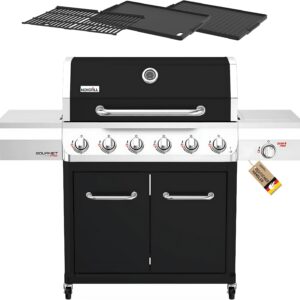 Nexgrill Gourmet Pro 6-Brenner Gasgrill mit Keramik-Seitenbrenner, Plancha Griddle-Max System, porzellanbeschichtetem Gusseisenrost & Edelstahlbrennern – Ideal für Garten, Balkon & BBQ-Event
