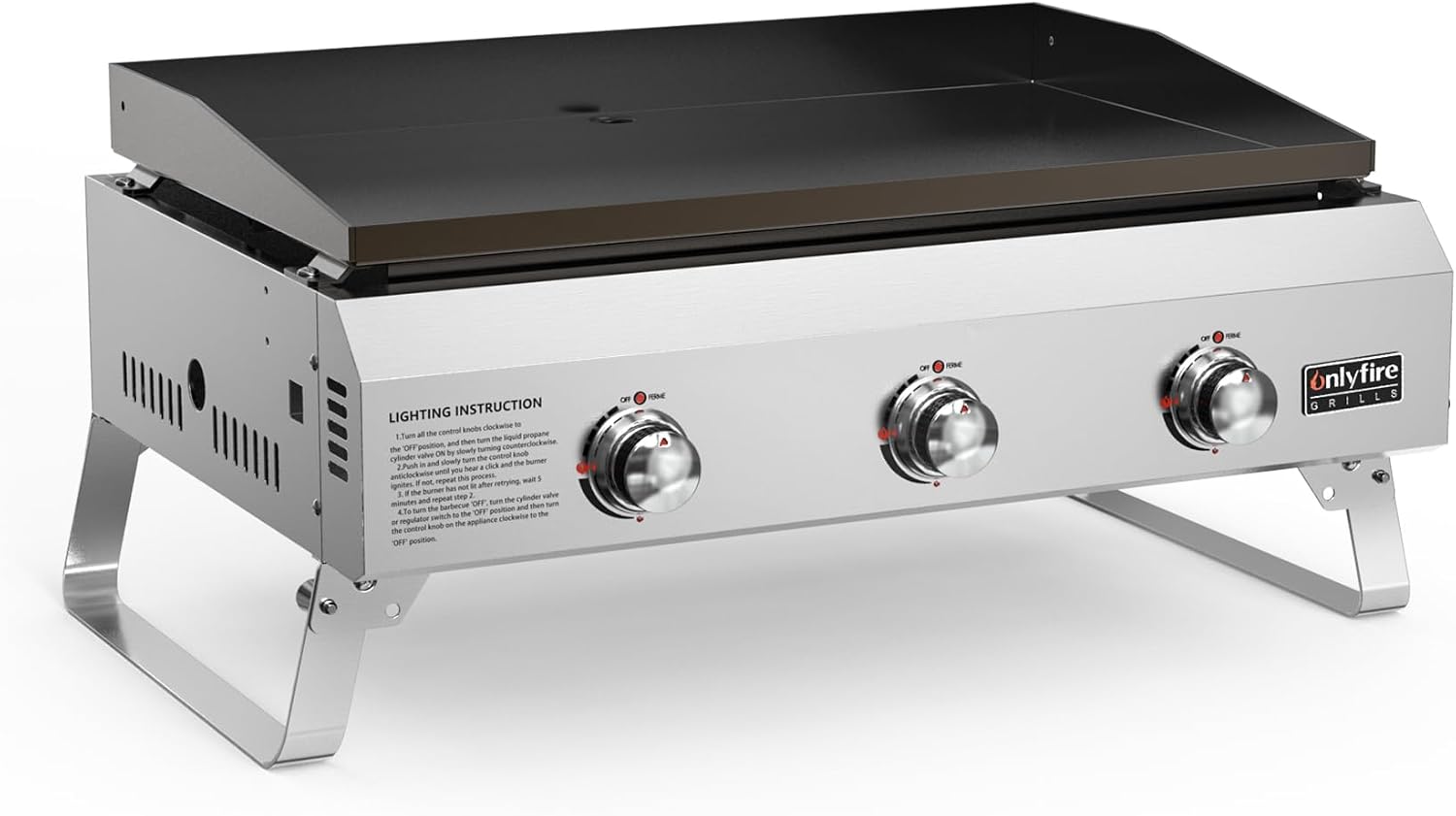 onlyfire 3-Brenner Tischgasgrill, Edelstahl Plancha Gasgrill