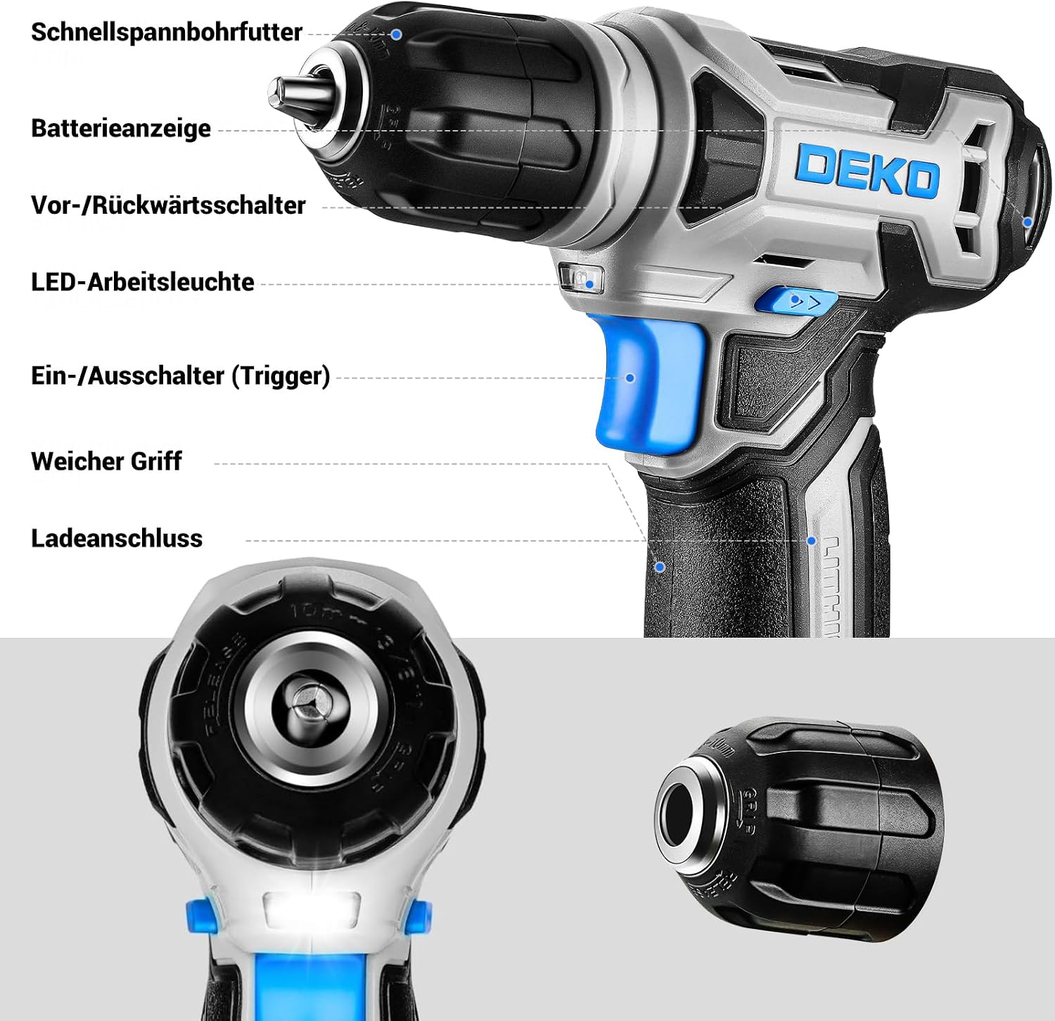 DEKO Werkzeugkoffer 126-teilig mit 8V-Akkuschrauber und LED, Blau 4 DEKO Werkzeugkoffer 126-teilig mit 8V-Akkuschrauber und LED, Blau – Bild 4