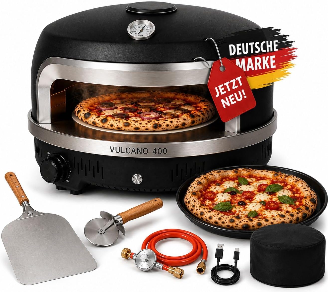 Gas Pizzaofen mit automatischem Drehteller, Outdoor Pizza Ofen bis 400 Grad, Pizza Oven mit USB C Anschluss, Steinofen Cordierit Pizzastein, 6,0 kW Gasbrenner, Komplettset Pizzaschaufel, Thermometer 1 Gas Pizzaofen mit automatischem Drehteller, Outdoor Pizza Ofen bis 400 Grad, Pizza Oven mit USB C Anschluss, Steinofen Cordierit Pizzastein, 6,0 kW Gasbrenner, Komplettset Pizzaschaufel, Thermometer