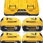 4 Stück Ersatzakku für Dewalt Akku 18V 5.5Ah + Doppel-Ladegerät DCB102