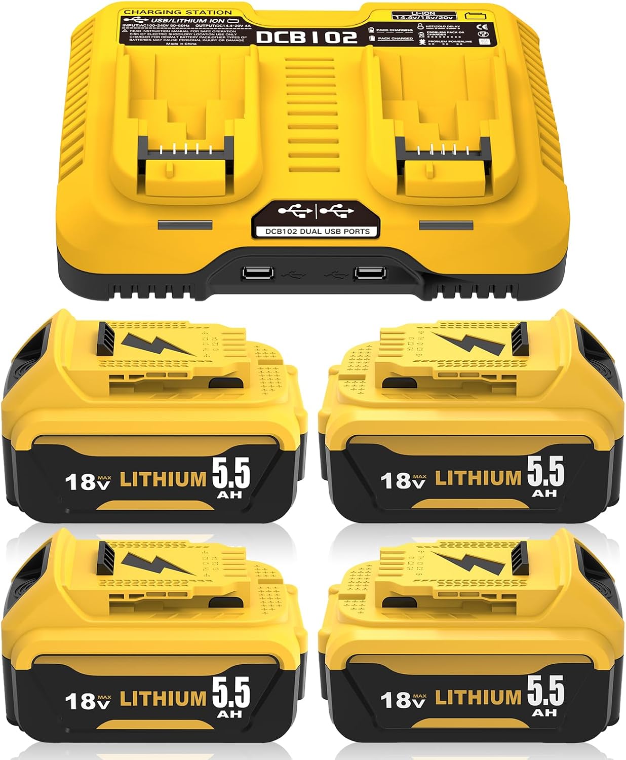 4 Stück Ersatzakku für Dewalt Akku 18V 5.5Ah + Doppel-Ladegerät DCB102