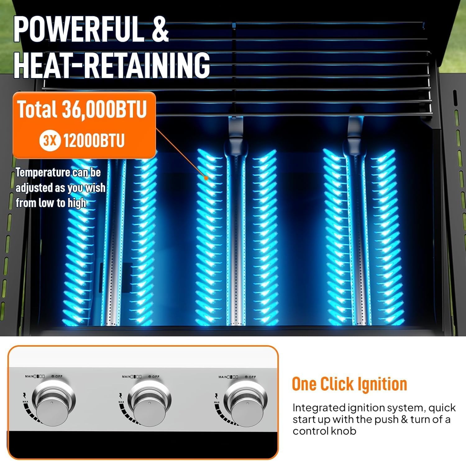 LEADZM Gasgrill 3 Brenner 10,5 kW - 50-Mbar-Druckminderungsventilgas grill mit Deckel, Vollständig ausgestattet, Gasbetriebener Grillwagen, geeignet für Camping, Gärten und Strände 5 LEADZM Gasgrill 3 Brenner 10,5 kW - 50-Mbar-Druckminderungsventilgas grill mit Deckel, Vollständig ausgestattet, Gasbetriebener Grillwagen, geeignet für Camping, Gärten und Strände – Bild 5