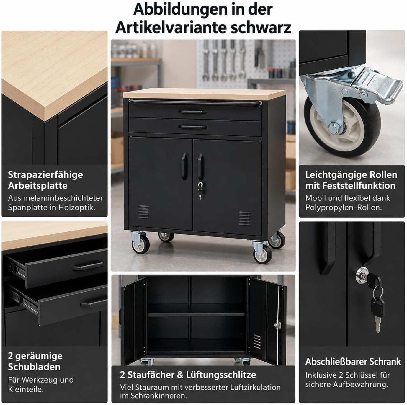 Mendler Werkstattwagen HWC-R18, Staufächer Stahl 85x75x53cm - schwarz 2 Mendler Werkstattwagen HWC-R18, Staufächer Stahl 85x75x53cm - schwarz – Bild 2