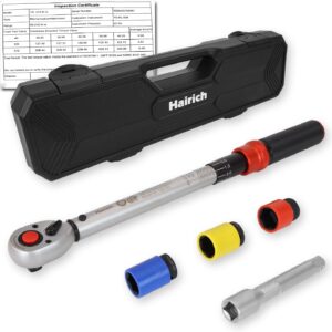 Hairich Drehmomentschlüssel Auto 1/2" 40-210 Nm | TÜV SÜD GS zertifiziert | 5-teiliges Werkzeugset mit 125 mm Verlängerung und 3 Stecknüssen | Ideal für Reifenwechsel, Auto- & Motorradreparaturen