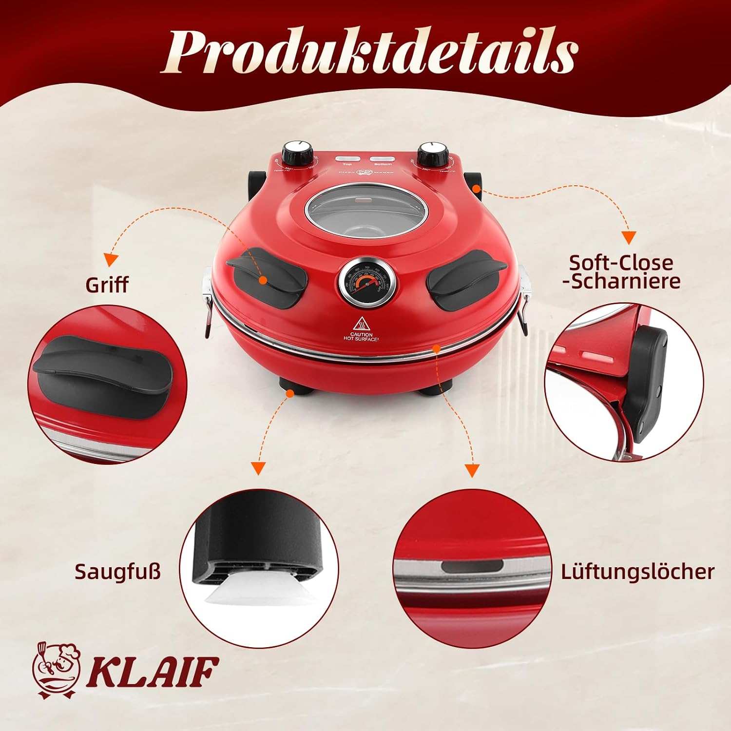 KLAIF Elektrischer Pizzaofen, LMC-Rot 5 KLAIF Elektrischer Pizzaofen, LMC-Rot – Bild 5