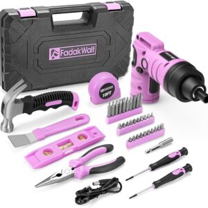 FADAKWALT Akkuschrauber Set, Werkzeugkoffer 3,6V, 40-teiliges Werkzeug Set im Werkzeugkasten – 2-in-1 Griff, kabelloser Bohrschrauber für Damen & Haushalt, Rosa