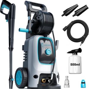 LANCHEZ Hochdruckreiniger mit 7‑in‑1 Komplett‑Zubehör‑Set,600 l/h 200bar,500ml Schaumsprüher, Schnellkupplungen, Schnellanschlussdüsen,für Auto, Terrasse, Blau