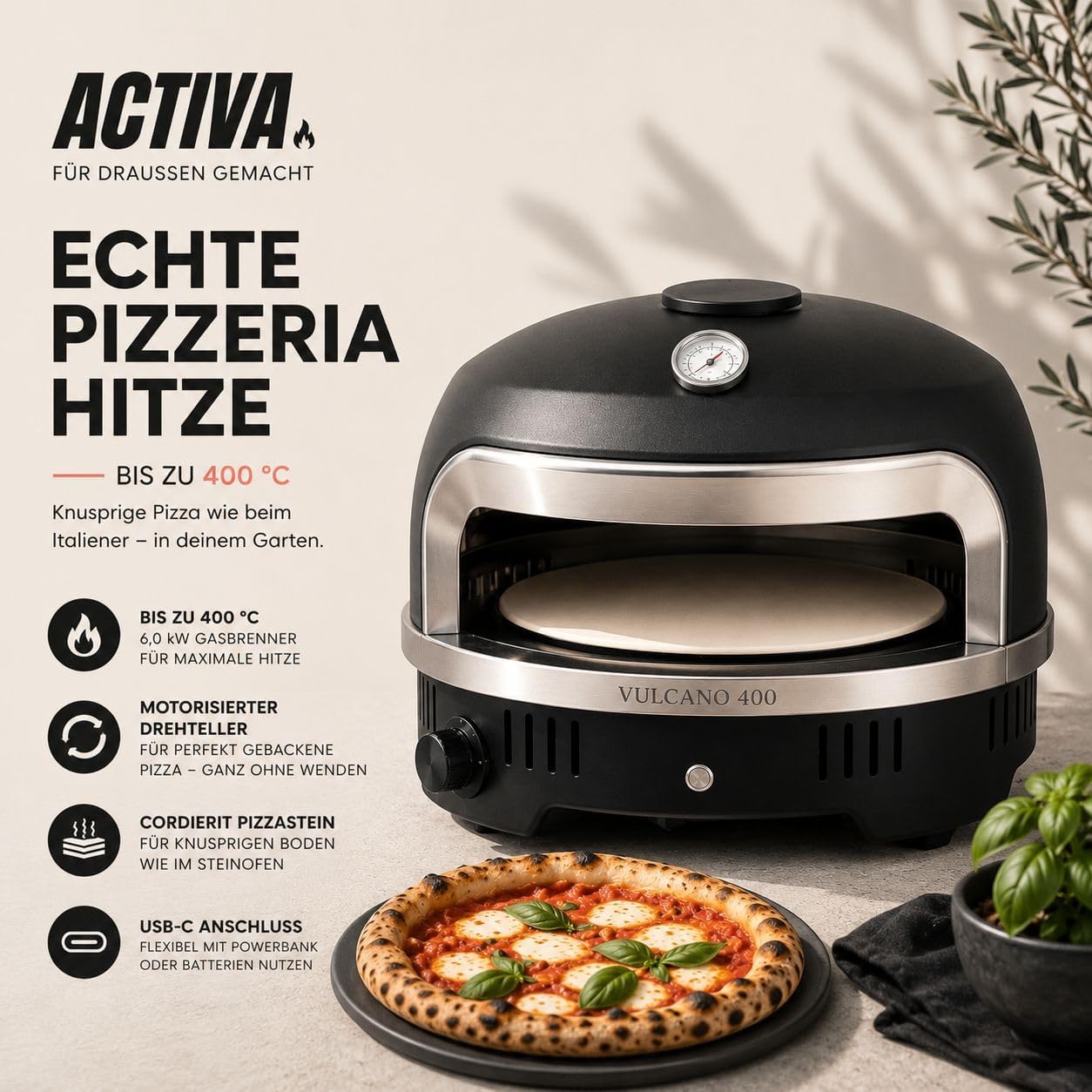 Gas Pizzaofen mit automatischem Drehteller, Outdoor Pizza Ofen bis 400 Grad, Pizza Oven mit USB C Anschluss, Steinofen Cordierit Pizzastein, 6,0 kW Gasbrenner, Komplettset Pizzaschaufel, Thermometer 5 Gas Pizzaofen mit automatischem Drehteller, Outdoor Pizza Ofen bis 400 Grad, Pizza Oven mit USB C Anschluss, Steinofen Cordierit Pizzastein, 6,0 kW Gasbrenner, Komplettset Pizzaschaufel, Thermometer – Bild 5