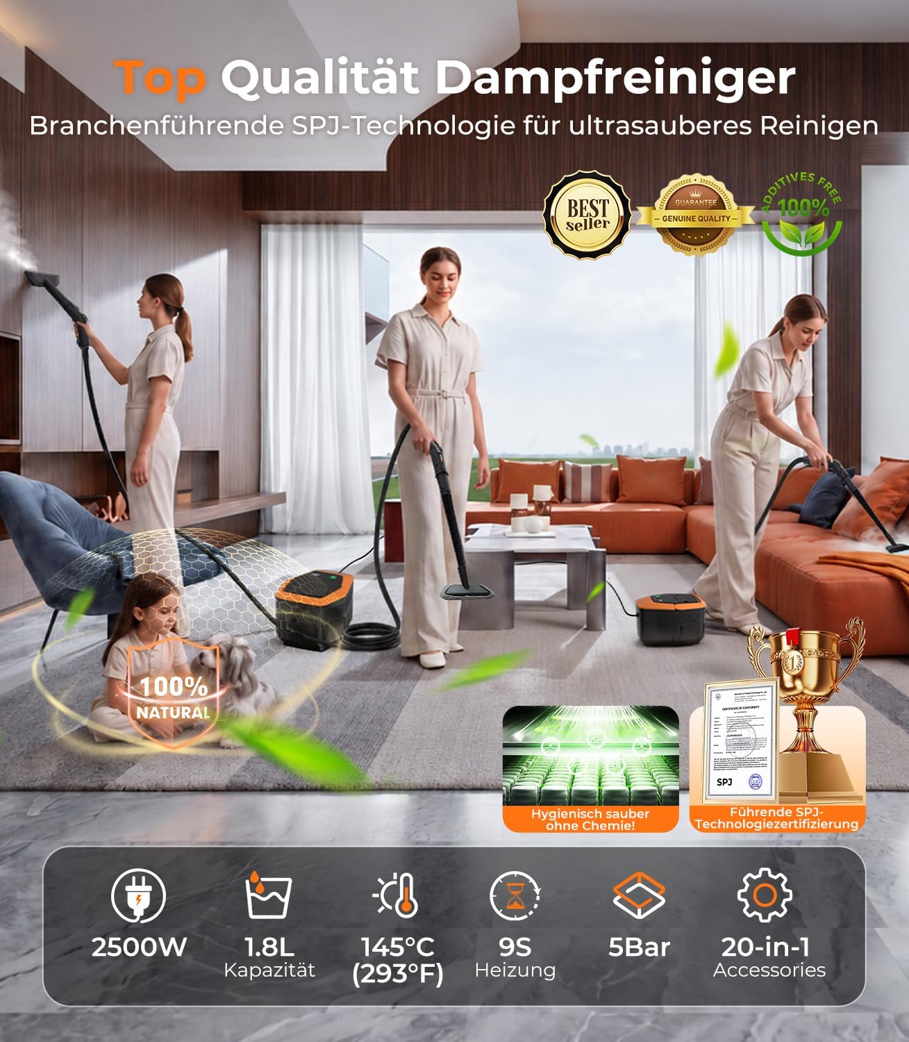 20-IN-1 Dampfreiniger Handgerät【100% Kühler & Akkufreier Griff–Neueste NH Labor-Technik】【99,99% Keimreduktion–SPJ Spitzentechnik】Dampfreiniger für Alles, Steam Cleaner für Fußboden, Sofa (Orange) 2 20-IN-1 Dampfreiniger Handgerät【100% Kühler & Akkufreier Griff–Neueste NH Labor-Technik】【99,99% Keimreduktion–SPJ Spitzentechnik】Dampfreiniger für Alles, Steam Cleaner für Fußboden, Sofa (Orange) – Bild 2