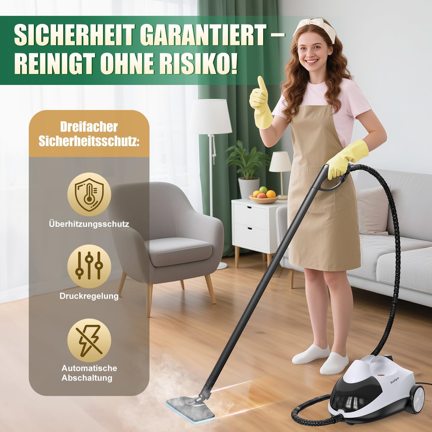 Rolipo Dampfreiniger, Dampfdruck: 4 Bar, Leistung: 2000 W, Tank: Max 2 L, Düsen und Rundbürste von Böden, Sofas, Polstermöbel und Autos 5 Rolipo Dampfreiniger, Dampfdruck: 4 Bar, Leistung: 2000 W, Tank: Max 2 L, Düsen und Rundbürste von Böden, Sofas, Polstermöbel und Autos – Bild 5