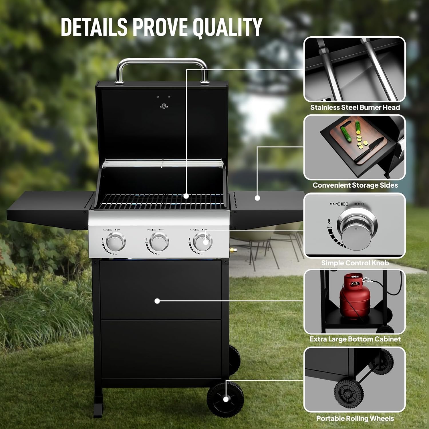 LEADZM Gasgrill 3 Brenner 10,5 kW - 50-Mbar-Druckminderungsventilgas grill mit Deckel, Vollständig ausgestattet, Gasbetriebener Grillwagen, geeignet für Camping, Gärten und Strände 3 LEADZM Gasgrill 3 Brenner 10,5 kW - 50-Mbar-Druckminderungsventilgas grill mit Deckel, Vollständig ausgestattet, Gasbetriebener Grillwagen, geeignet für Camping, Gärten und Strände – Bild 3