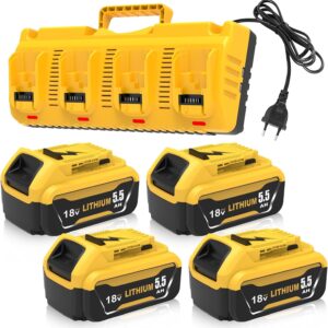 4er-Pack Ersatz für Dewalt Akku 18V 5.5Ah + Ladegerät DCB104