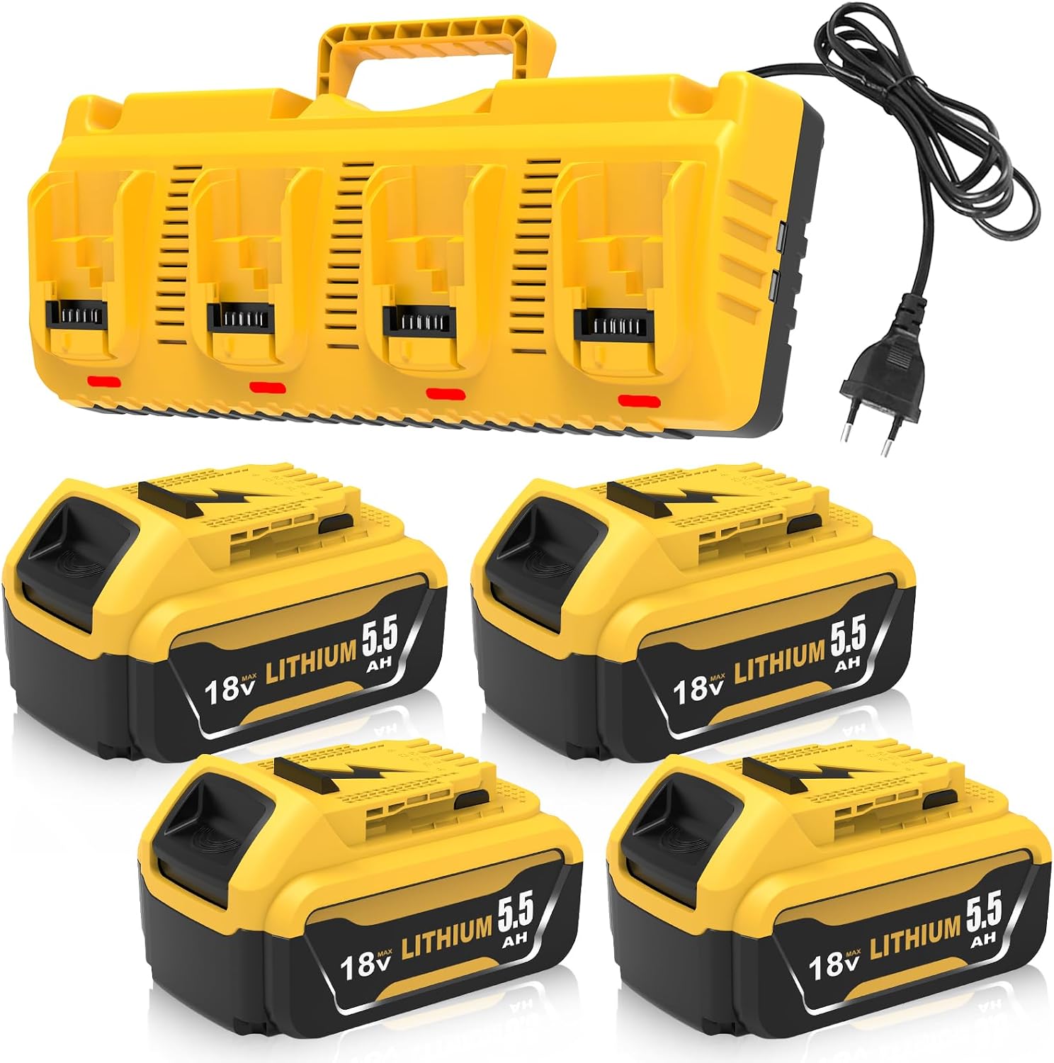 4er-Pack Ersatz für Dewalt Akku 18V 5.5Ah + Ladegerät DCB104 1 4er-Pack Ersatz für Dewalt Akku 18V 5.5Ah + Ladegerät DCB104