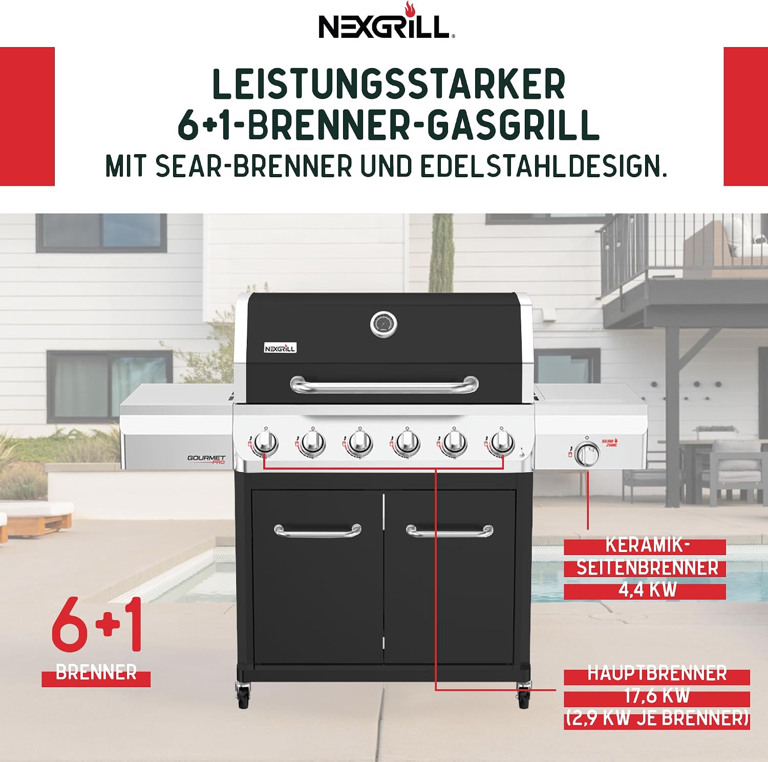 Nexgrill Gourmet Pro 6-Brenner Gasgrill mit Keramik-Seitenbrenner, Plancha Griddle-Max System, porzellanbeschichtetem Gusseisenrost & Edelstahlbrennern – Ideal für Garten, Balkon & BBQ-Event 2 Nexgrill Gourmet Pro 6-Brenner Gasgrill mit Keramik-Seitenbrenner, Plancha Griddle-Max System, porzellanbeschichtetem Gusseisenrost & Edelstahlbrennern – Ideal für Garten, Balkon & BBQ-Event – Bild 2