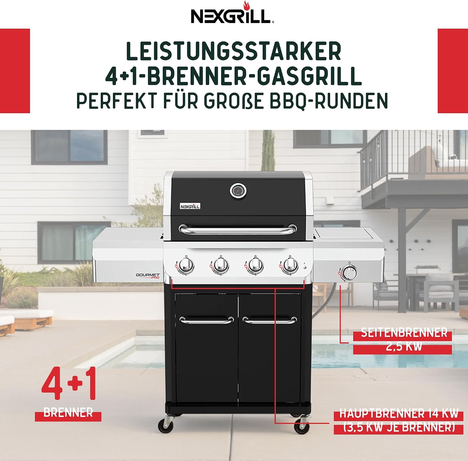 Nexgrill Gourmet Pro 4-Brenner Gasgrill mit Seitenkochfeld & Plancha (Griddle-Max System) – Edelstahl Gasgrill mit porzellanbeschichteten Gusseisenrosten, Ideal für Garten, Balkon & BBQ-Events 2 Nexgrill Gourmet Pro 4-Brenner Gasgrill mit Seitenkochfeld & Plancha (Griddle-Max System) – Edelstahl Gasgrill mit porzellanbeschichteten Gusseisenrosten, Ideal für Garten, Balkon & BBQ-Events – Bild 2