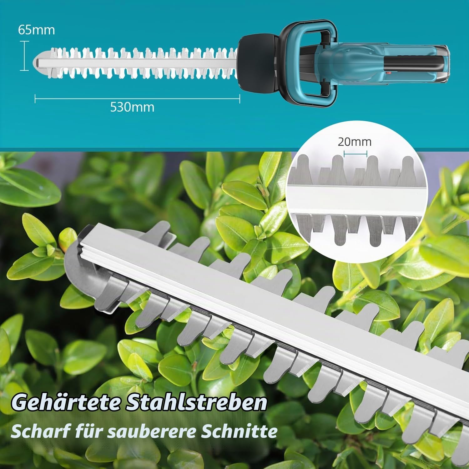21V Brushless Akku-Heckenschere mit 3.0Ah Akku & Ladegerät – 500W Power, 3000 U/min, 530mm Schnittlänge & 20mm Zahnabstand | Professioneller Heckentrimmer für Dicke Äste 4 21V Brushless Akku-Heckenschere mit 3.0Ah Akku & Ladegerät – 500W Power, 3000 U/min, 530mm Schnittlänge & 20mm Zahnabstand | Professioneller Heckentrimmer für Dicke Äste – Bild 4