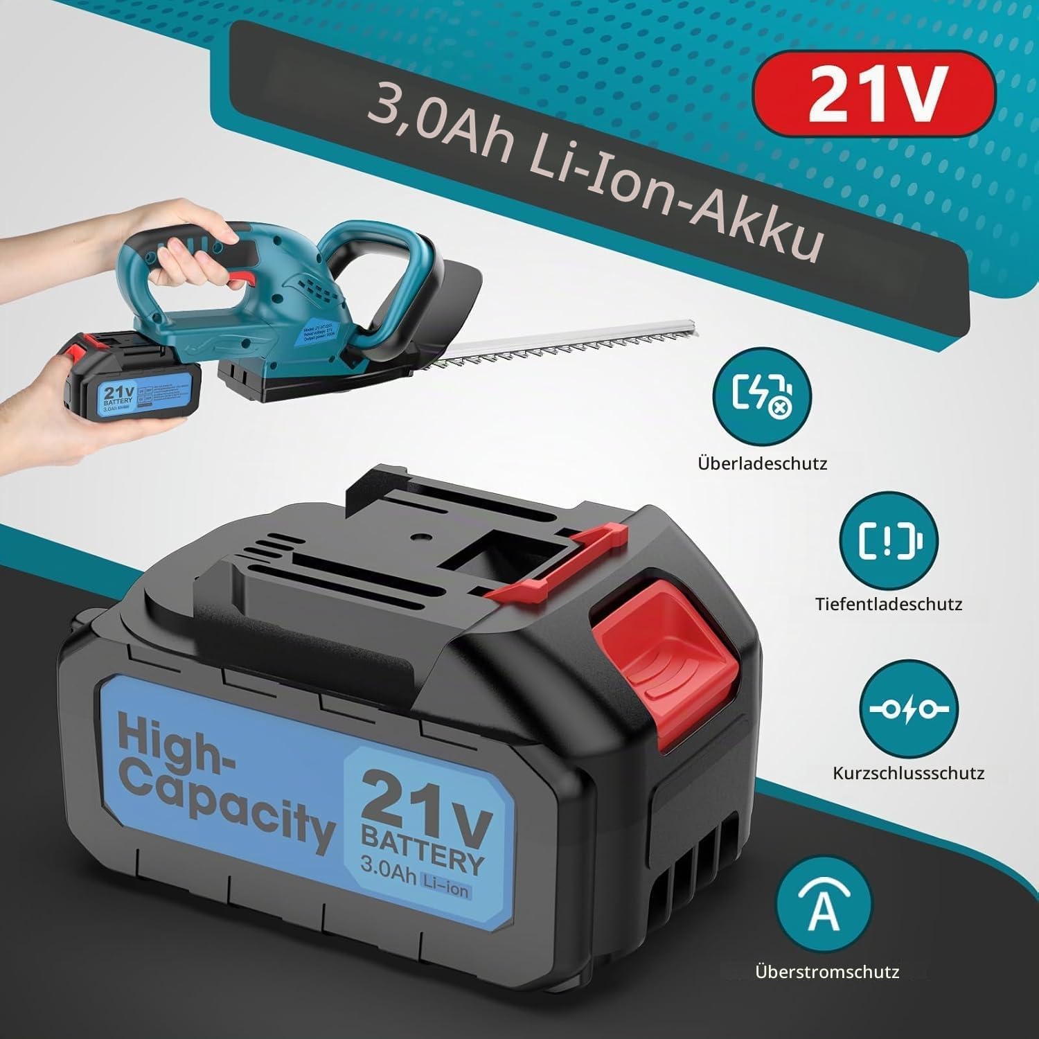 21V Brushless Akku-Heckenschere mit 3.0Ah Akku & Ladegerät – 500W Power, 3000 U/min, 530mm Schnittlänge & 20mm Zahnabstand | Professioneller Heckentrimmer für Dicke Äste 2 21V Brushless Akku-Heckenschere mit 3.0Ah Akku & Ladegerät – 500W Power, 3000 U/min, 530mm Schnittlänge & 20mm Zahnabstand | Professioneller Heckentrimmer für Dicke Äste – Bild 2