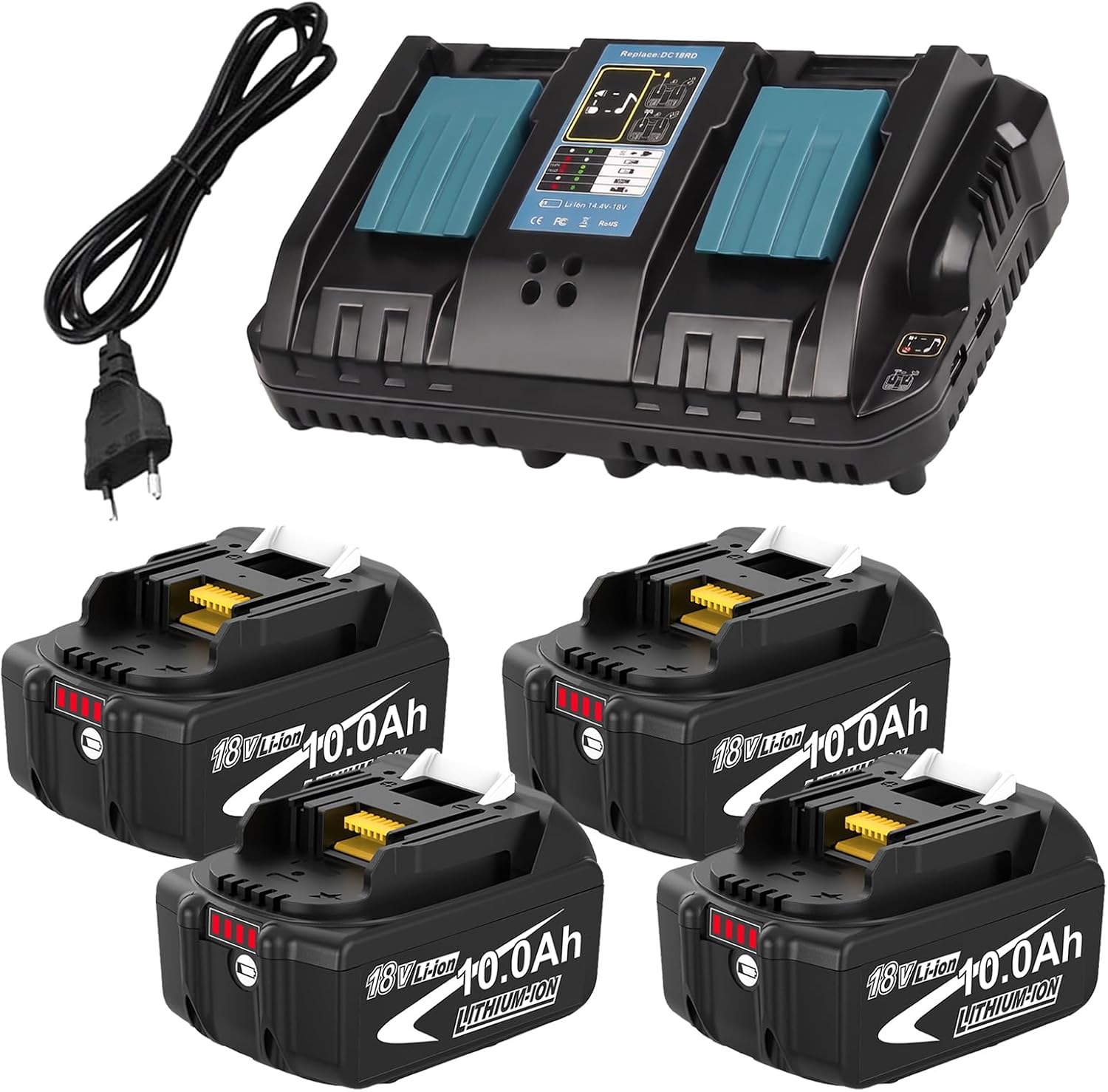 4er-Pack 18V 10,0Ah für Makita Akkus 18V LXT + 6A Doppel Ladegerät DC18RD 1 4er-Pack 18V 10,0Ah für Makita Akkus 18V LXT + 6A Doppel Ladegerät DC18RD