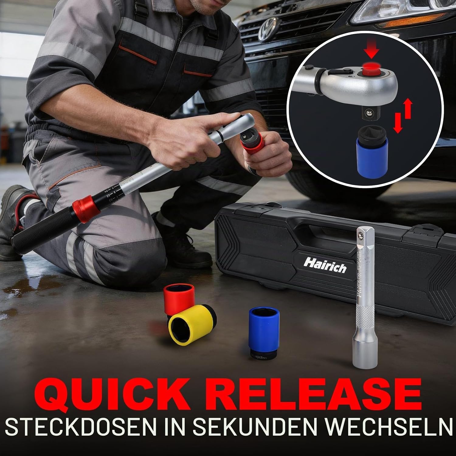 Hairich Drehmomentschlüssel Auto 1/2" 40-210 Nm | TÜV SÜD GS zertifiziert | 5-teiliges Werkzeugset mit 125 mm Verlängerung und 3 Stecknüssen | Ideal für Reifenwechsel, Auto- & Motorradreparaturen 5 Hairich Drehmomentschlüssel Auto 1/2" 40-210 Nm | TÜV SÜD GS zertifiziert | 5-teiliges Werkzeugset mit 125 mm Verlängerung und 3 Stecknüssen | Ideal für Reifenwechsel, Auto- & Motorradreparaturen – Bild 5