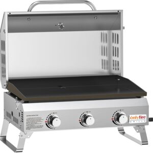 Onlyfire Tischgasgrill mit 3 Brenner | Edelstahl Plancha Gasgrill | mit Deckel, Grillplatte, Thermometer | Grillfläche 57 x 36 cm | Keramische Lackbeschichtung | BBQ Camping | Tragbarer Balkongrill