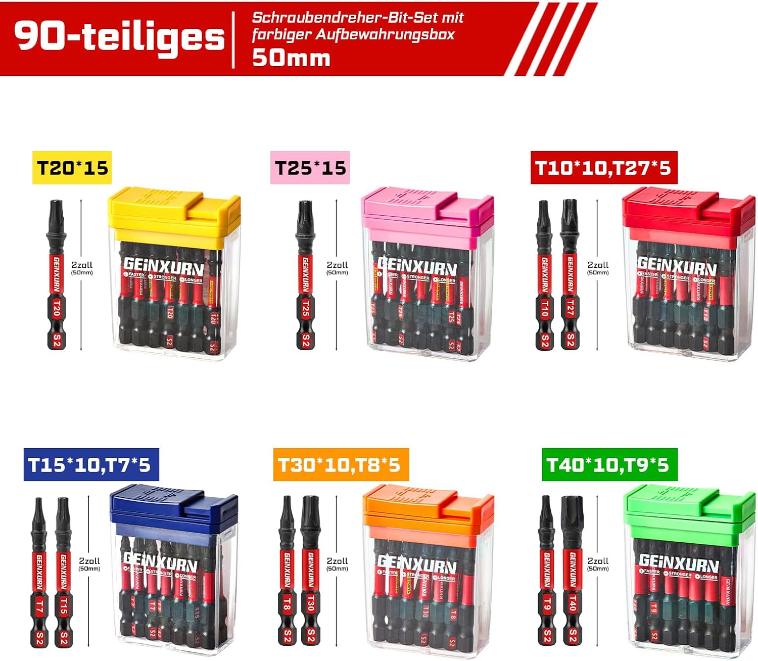 Geinxurn Impact Torx Schraubendreher Bits Set, 90 Stücke 50mm Bitsatz Magnetisch S2 Stahl Multi Treiber Bits mit Lagerung Bunte Box 2 Geinxurn Impact Torx Schraubendreher Bits Set, 90 Stücke 50mm Bitsatz Magnetisch S2 Stahl Multi Treiber Bits mit Lagerung Bunte Box – Bild 2