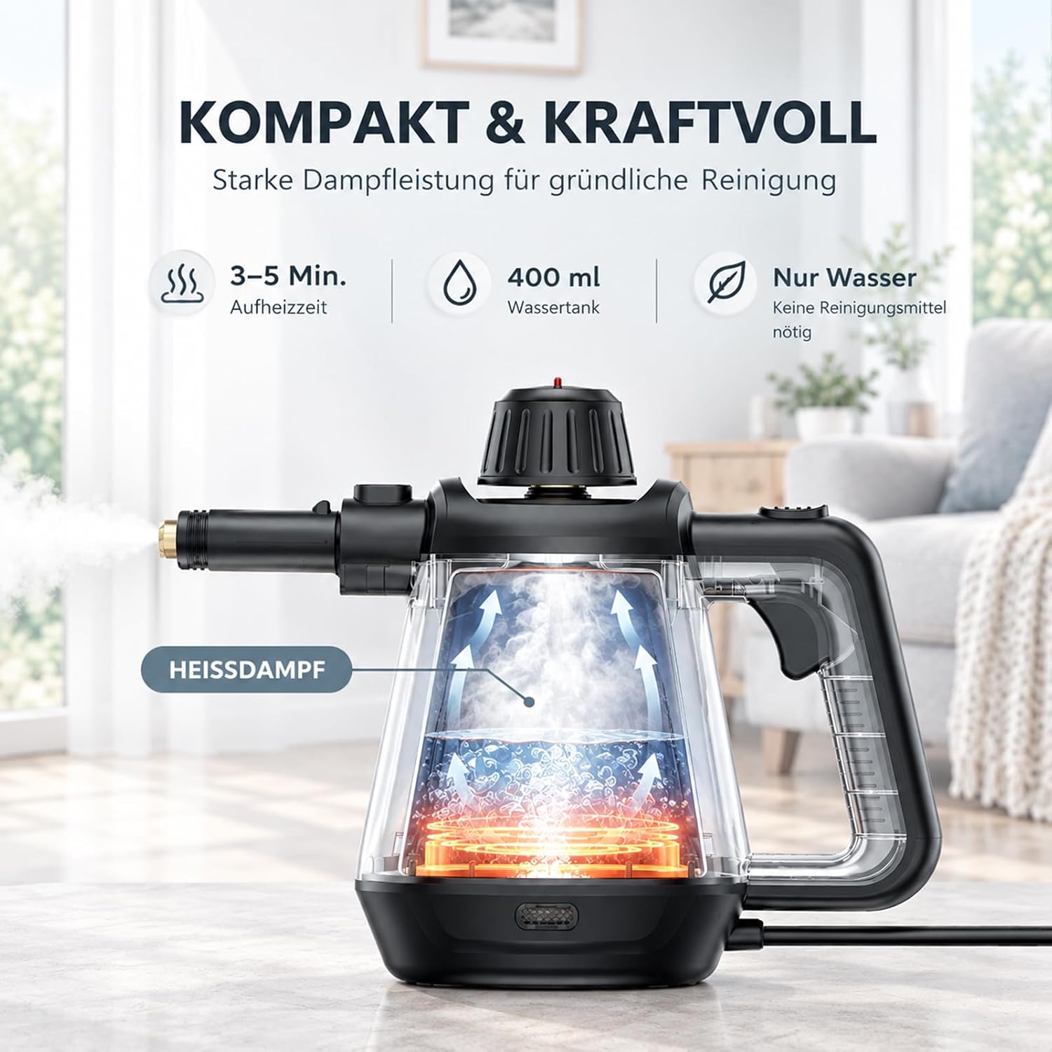 Dampfreiniger, 1200 W, 400 ml Wassertank, 13 Zubehörteile, Handgerät 5 Dampfreiniger, 1200 W, 400 ml Wassertank, 13 Zubehörteile, Handgerät – Bild 5