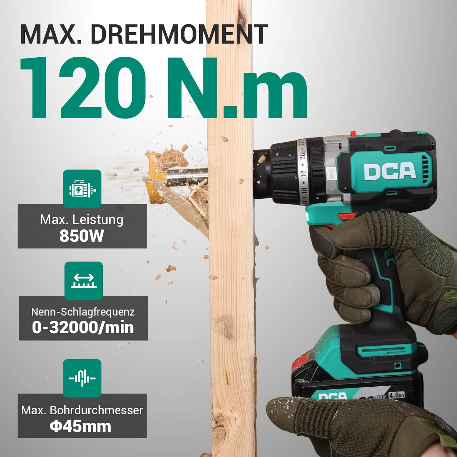 DCA Akku-Schlagbohrschrauber-Set 18V 120Nm, Bürstenloser Schlagbohrmaschine mit 1x4,0Ah Akku, 24+1+1 Drehmomentstufen Schlagbohrer (zum Bohren, Schrauben, Schlagbohren, 13mm Bohrfutter, 2 DCA Akku-Schlagbohrschrauber-Set 18V 120Nm, Bürstenloser Schlagbohrmaschine mit 1x4,0Ah Akku, 24+1+1 Drehmomentstufen Schlagbohrer (zum Bohren, Schrauben, Schlagbohren, 13mm Bohrfutter, – Bild 2