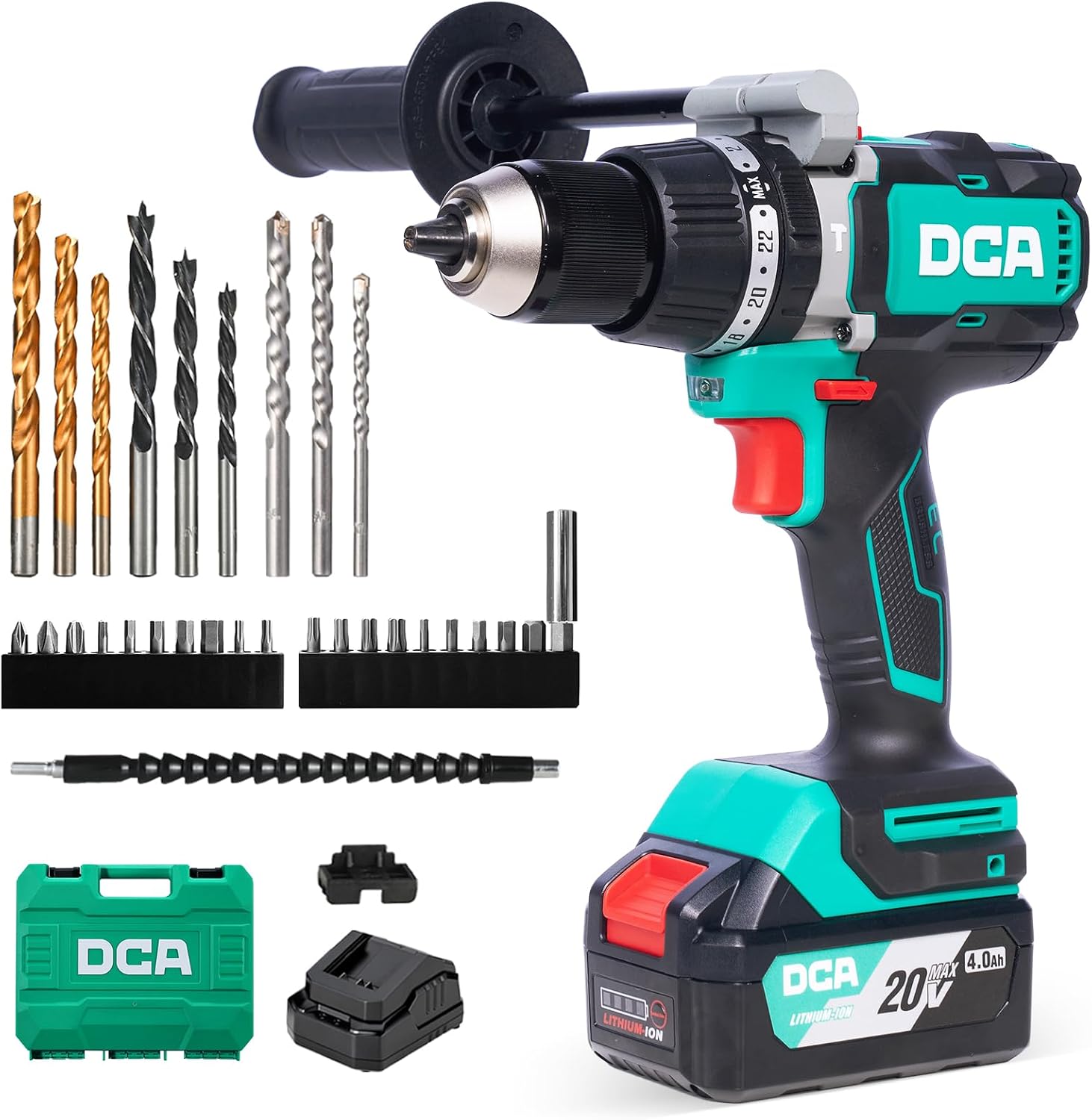 DCA Akku-Schlagbohrschrauber-Set 18V 120Nm, Bürstenloser Schlagbohrmaschine mit 1x4,0Ah Akku, 24+1+1 Drehmomentstufen Schlagbohrer (zum Bohren, Schrauben, Schlagbohren, 13mm Bohrfutter, 1 DCA Akku-Schlagbohrschrauber-Set 18V 120Nm, Bürstenloser Schlagbohrmaschine mit 1x4,0Ah Akku, 24+1+1 Drehmomentstufen Schlagbohrer (zum Bohren, Schrauben, Schlagbohren, 13mm Bohrfutter,