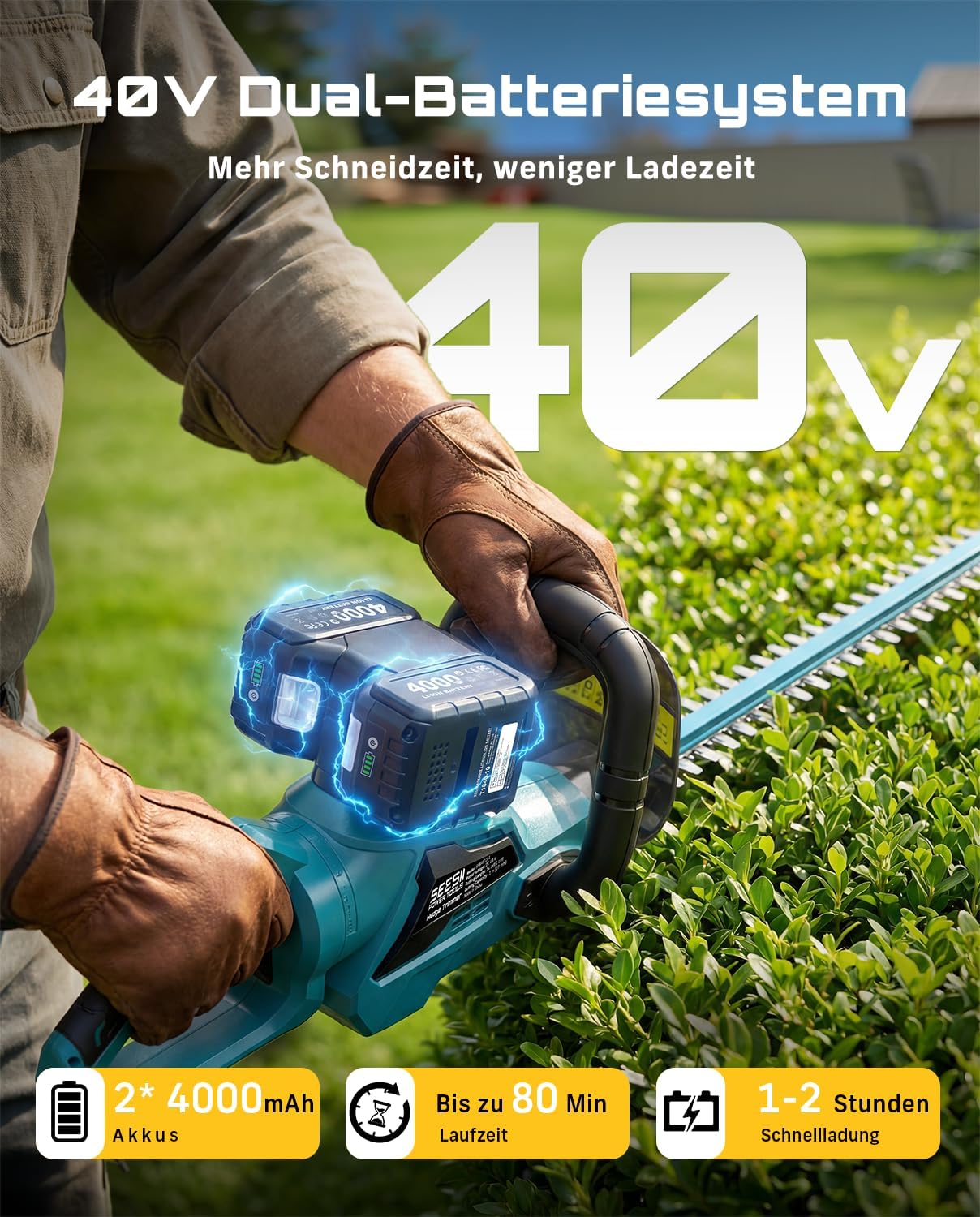 SEESII 40V Heckenschere Akku, 61 cm Doppelmesser, 27 mm Schnittstärke 3 SEESII 40V Heckenschere Akku, 61 cm Doppelmesser, 27 mm Schnittstärke – Bild 3