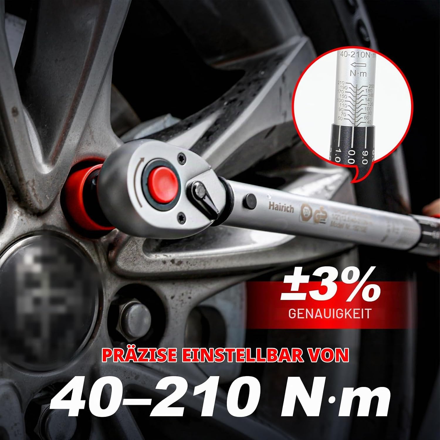 Hairich Drehmomentschlüssel Auto 1/2" 40-210 Nm | TÜV SÜD GS zertifiziert | 5-teiliges Werkzeugset mit 125 mm Verlängerung und 3 Stecknüssen | Ideal für Reifenwechsel, Auto- & Motorradreparaturen 3 Hairich Drehmomentschlüssel Auto 1/2" 40-210 Nm | TÜV SÜD GS zertifiziert | 5-teiliges Werkzeugset mit 125 mm Verlängerung und 3 Stecknüssen | Ideal für Reifenwechsel, Auto- & Motorradreparaturen – Bild 3
