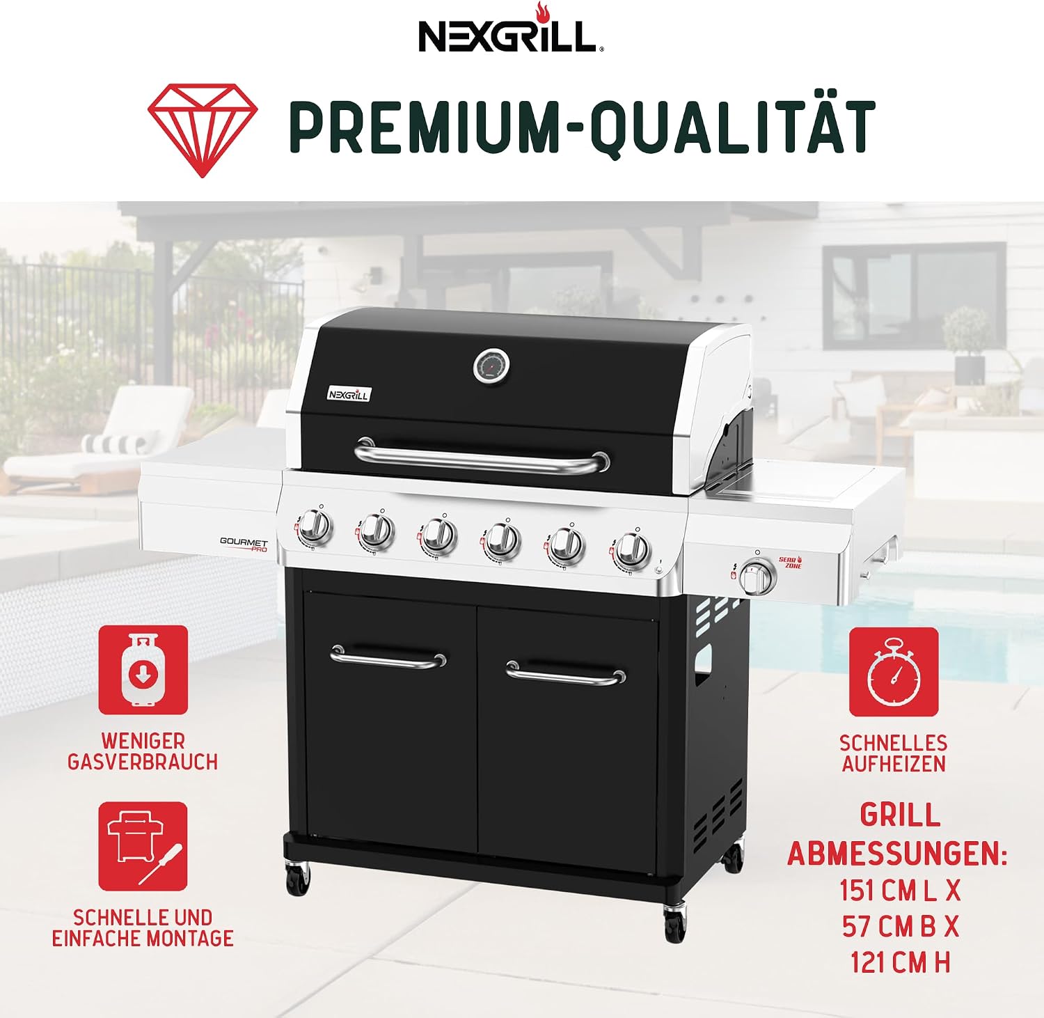 Nexgrill Gourmet Pro 6-Brenner Gasgrill mit Keramik-Seitenbrenner, Plancha Griddle-Max System, porzellanbeschichtetem Gusseisenrost & Edelstahlbrennern – Ideal für Garten, Balkon & BBQ-Event 3 Nexgrill Gourmet Pro 6-Brenner Gasgrill mit Keramik-Seitenbrenner, Plancha Griddle-Max System, porzellanbeschichtetem Gusseisenrost & Edelstahlbrennern – Ideal für Garten, Balkon & BBQ-Event – Bild 3