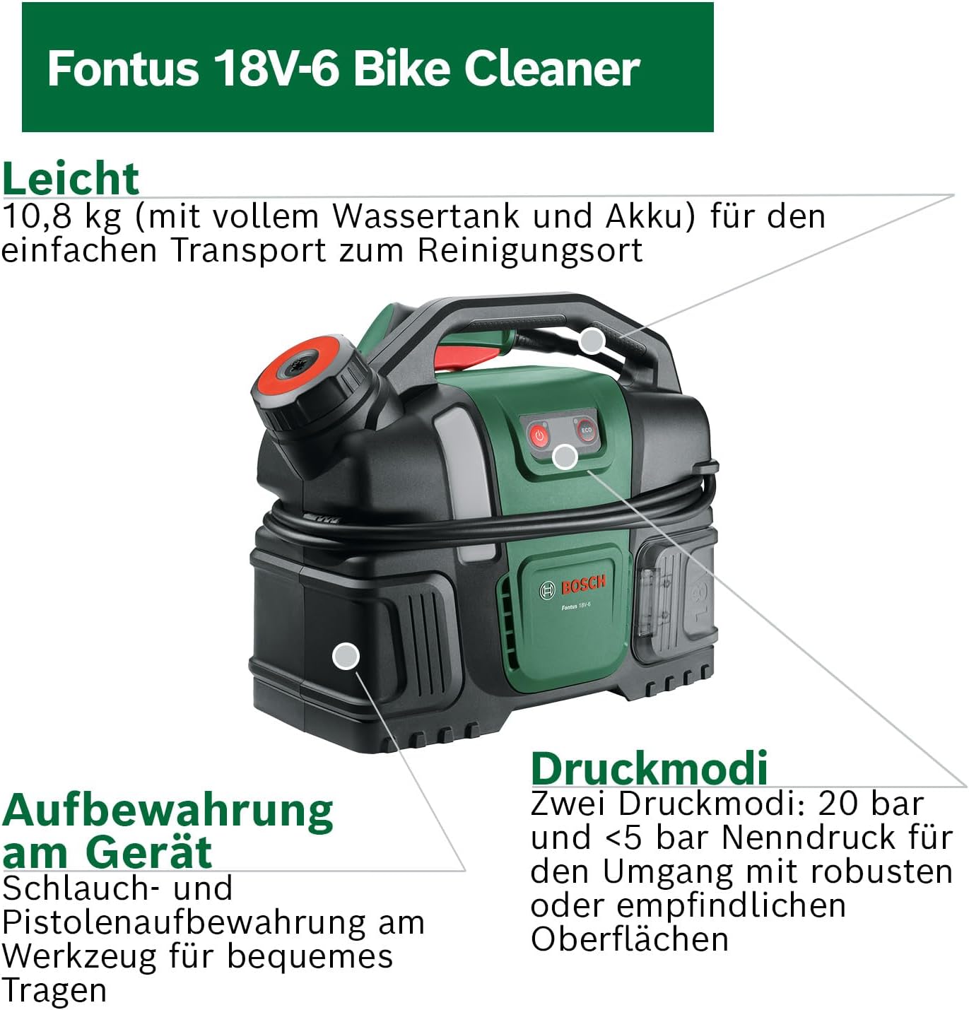 Bosch Akku-Druckreiniger Fontus 18V-6 für Fahrräder (mobil, mini, 6-Liter-Wassertank, 8 Druckstufen, Aufbewahrung für Schlauch und Pistole, onhe Akku) 3 Bosch Akku-Druckreiniger Fontus 18V-6 für Fahrräder (mobil, mini, 6-Liter-Wassertank, 8 Druckstufen, Aufbewahrung für Schlauch und Pistole, onhe Akku) – Bild 3