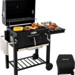 HOMAVO Holzkohlegrill, Klappbarer Grill mit Deckel, Grillfläche 56×42,5 cm, Höhenverstellbarer Kohlekorb, Klappbarer Seitentisch und Schutzhülle inklusive