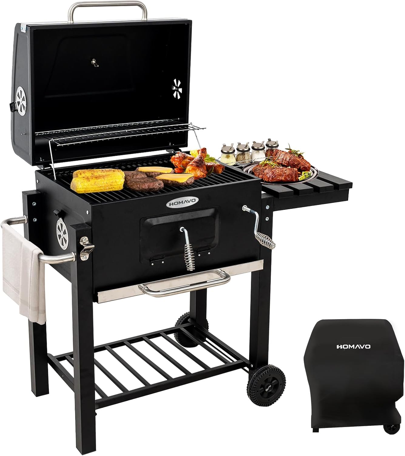 HOMAVO Holzkohlegrill, Klappbarer Grill mit Deckel, Grillfläche 56×42,5 cm, Höhenverstellbarer Kohlekorb, Klappbarer Seitentisch und Schutzhülle inklusive 1 HOMAVO Holzkohlegrill, Klappbarer Grill mit Deckel, Grillfläche 56×42,5 cm, Höhenverstellbarer Kohlekorb, Klappbarer Seitentisch und Schutzhülle inklusive