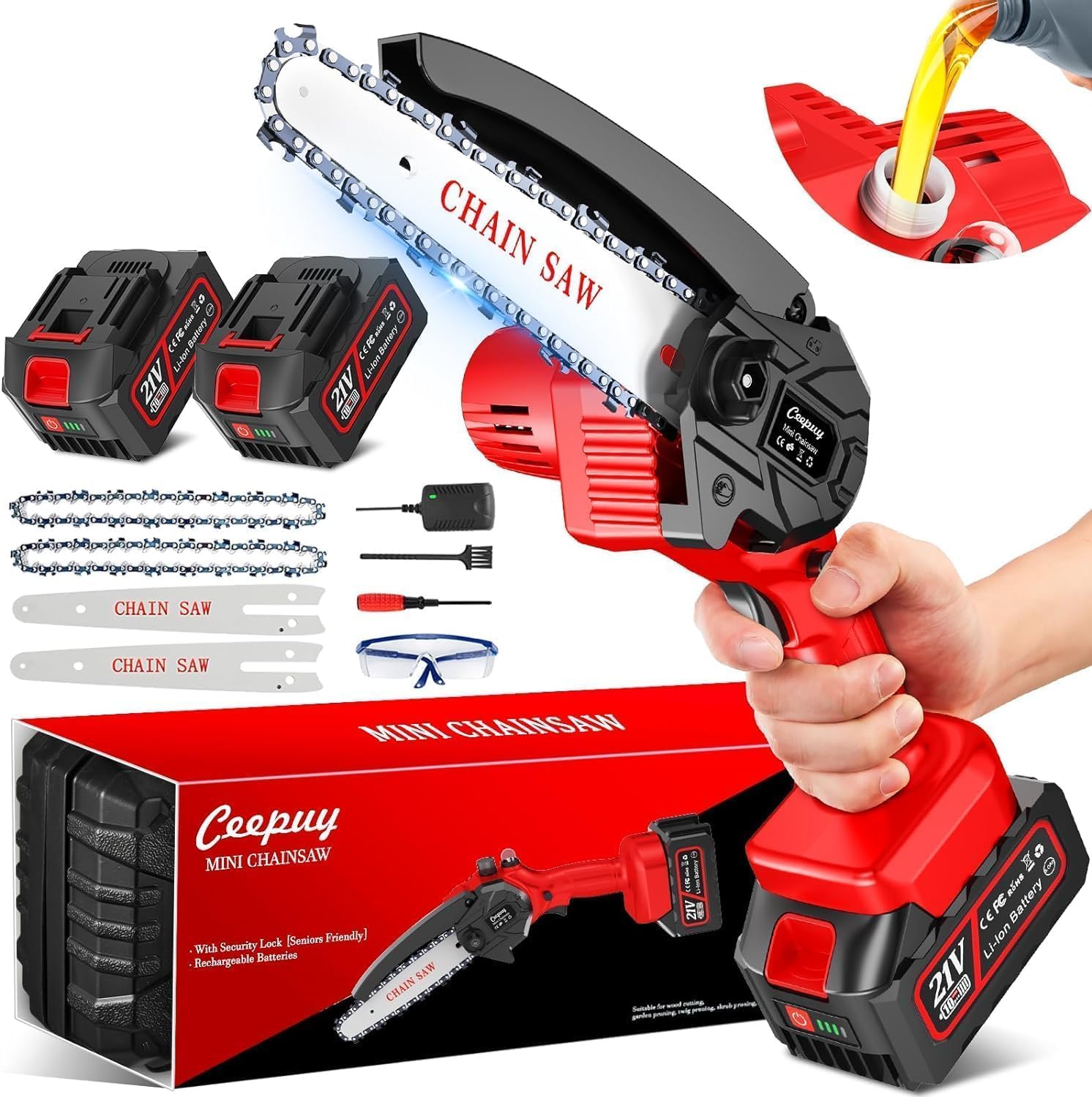 Mini Kettensäge 6 Zoll mit Akku 2 x 4000 mAh, Akku Kettensäge mit Automatischer Öler, Handkettensäge Akku für Gartenscheren Astschere Holzschneidenz 1 Mini Kettensäge 6 Zoll mit Akku 2 x 4000 mAh, Akku Kettensäge mit Automatischer Öler, Handkettensäge Akku für Gartenscheren Astschere Holzschneidenz