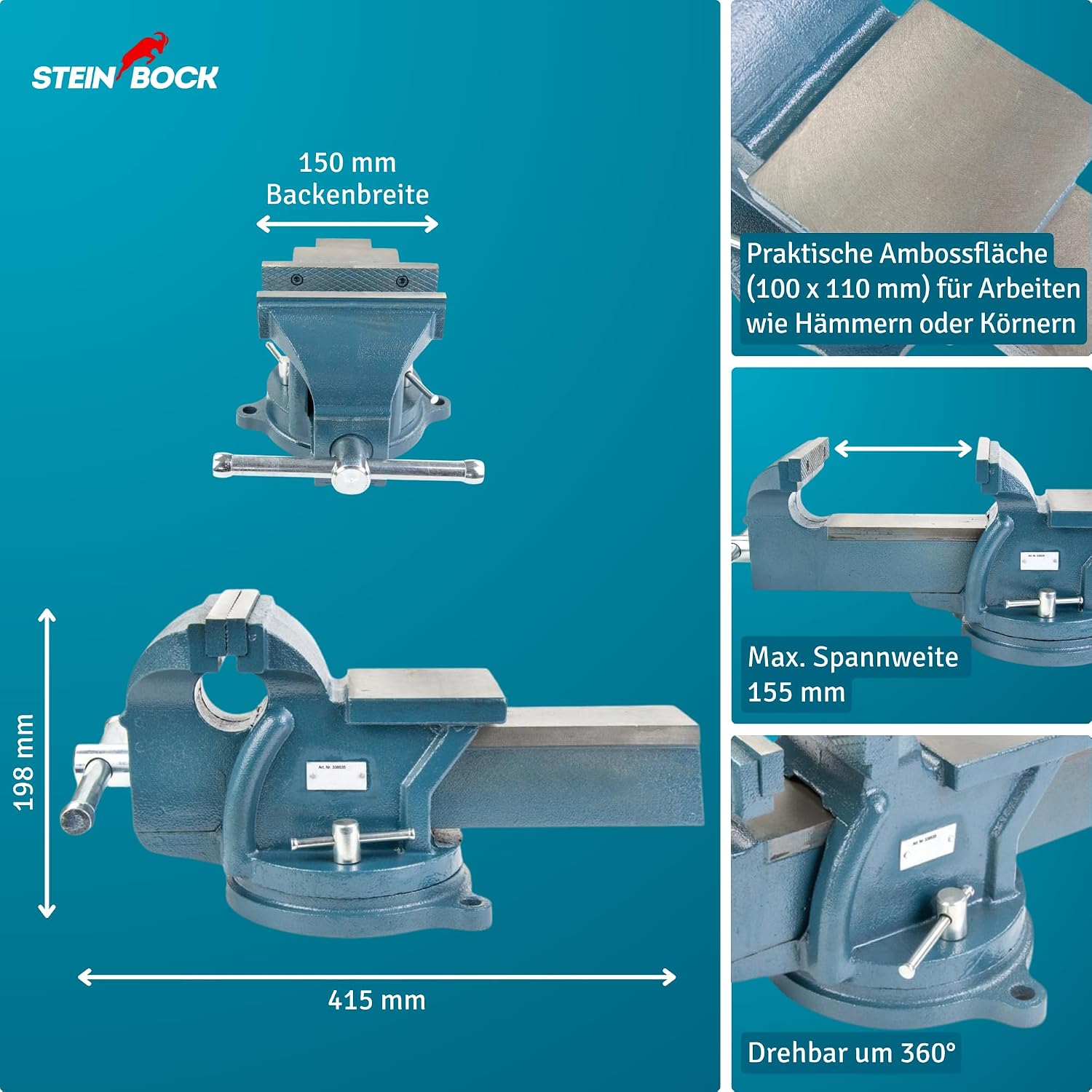 Steinbock Schraubstock 360° drehbar | 150 mm Backenbreite | Blau 3 Steinbock Schraubstock 360° drehbar | 150 mm Backenbreite | Blau – Bild 3