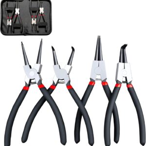 4 Teiliges Sprengringzange Innen und Außen Sprengring Set mit Aufbewahrungstasche Sprengringzangen Set für Mechanik, Reparatur, Montage, Stahlzangen mit Rutschfestem Griff 170mm Schwarz