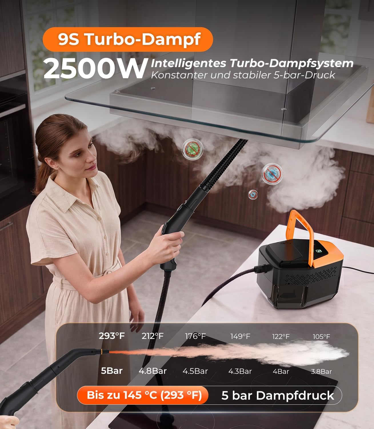 20-IN-1 Dampfreiniger Handgerät【100% Kühler & Akkufreier Griff–Neueste NH Labor-Technik】【99,99% Keimreduktion–SPJ Spitzentechnik】Dampfreiniger für Alles, Steam Cleaner für Fußboden, Sofa (Orange) 4 20-IN-1 Dampfreiniger Handgerät【100% Kühler & Akkufreier Griff–Neueste NH Labor-Technik】【99,99% Keimreduktion–SPJ Spitzentechnik】Dampfreiniger für Alles, Steam Cleaner für Fußboden, Sofa (Orange) – Bild 4